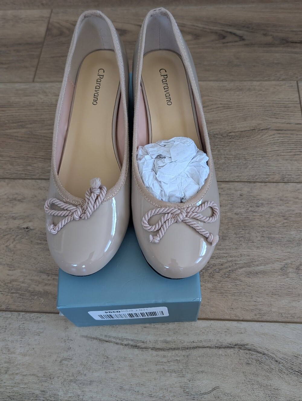 C. Paravano Nude Patent Ballet Flats with Rope Bow